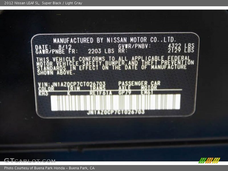 Super Black / Light Gray 2012 Nissan LEAF SL
