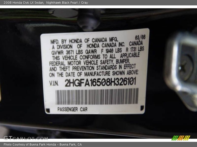Nighthawk Black Pearl / Gray 2008 Honda Civic LX Sedan