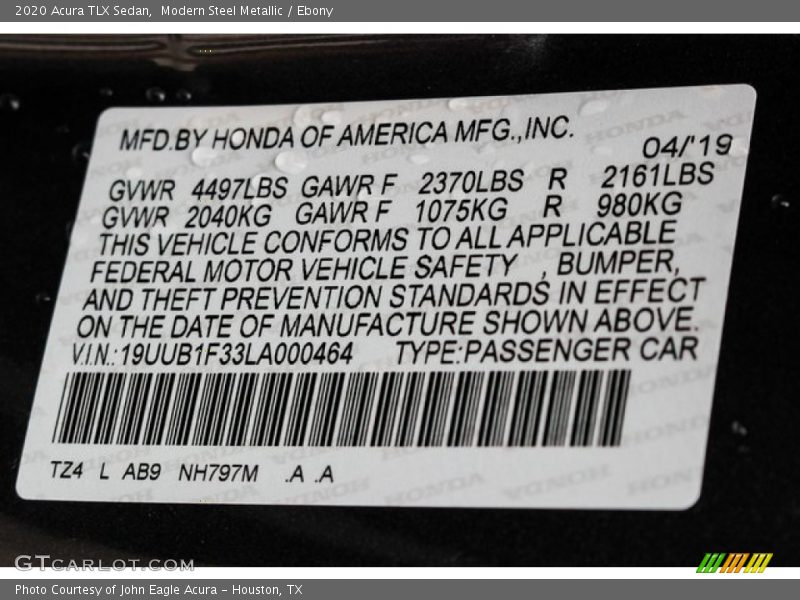 2020 TLX Sedan Modern Steel Metallic Color Code NH797M