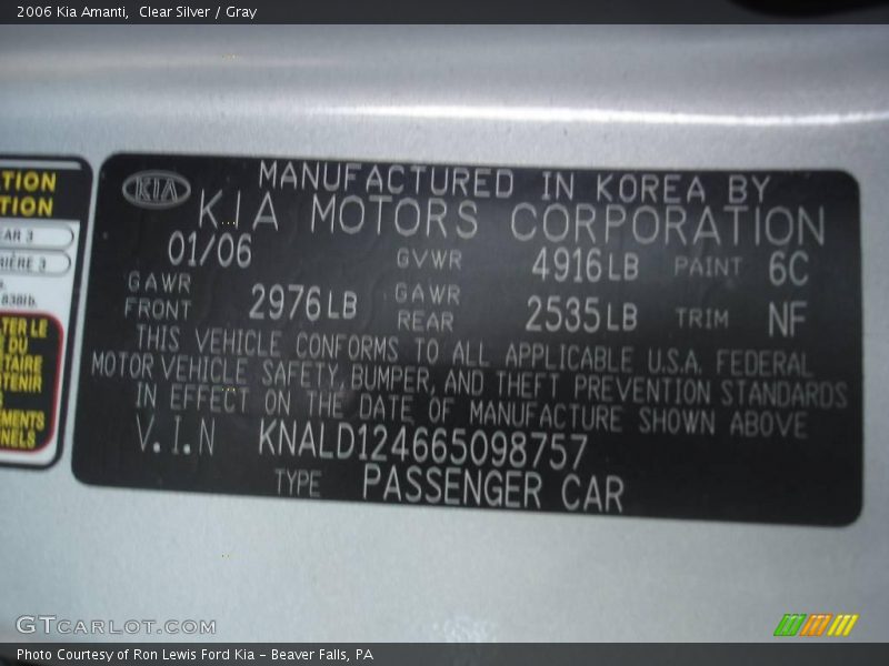 Clear Silver / Gray 2006 Kia Amanti