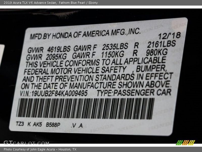 Fathom Blue Pearl / Ebony 2019 Acura TLX V6 Advance Sedan