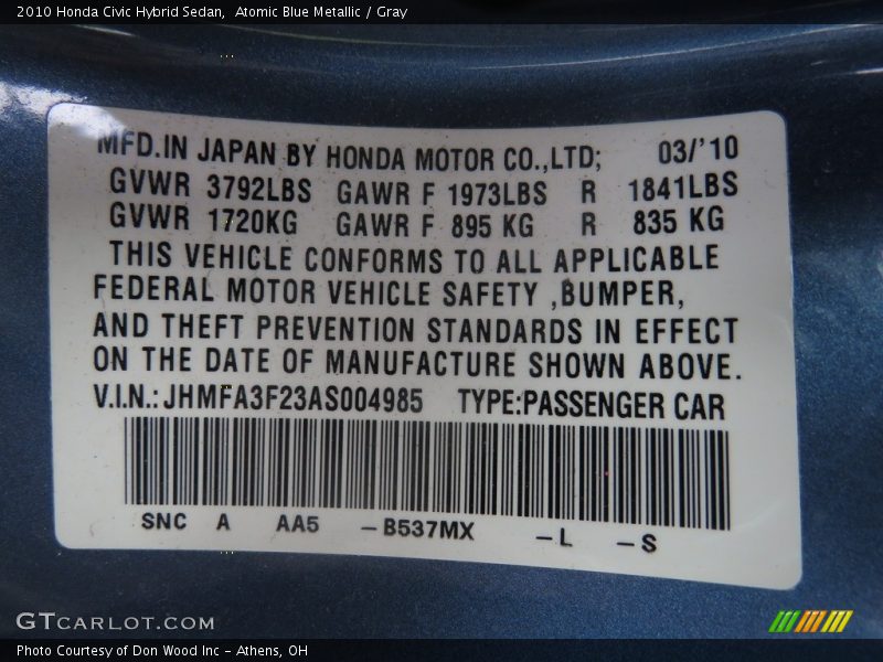 Atomic Blue Metallic / Gray 2010 Honda Civic Hybrid Sedan