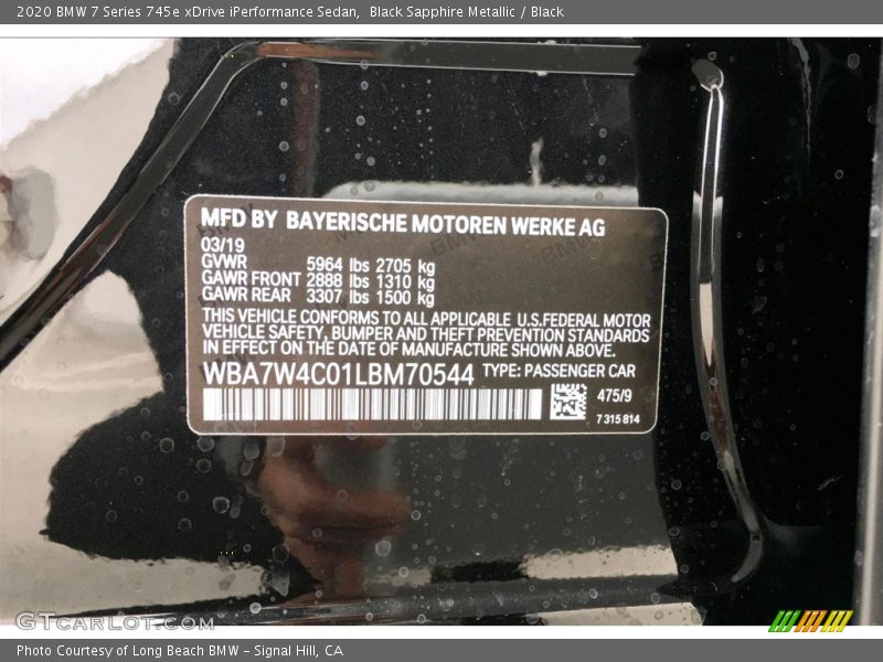 2020 7 Series 745e xDrive iPerformance Sedan Black Sapphire Metallic Color Code 475