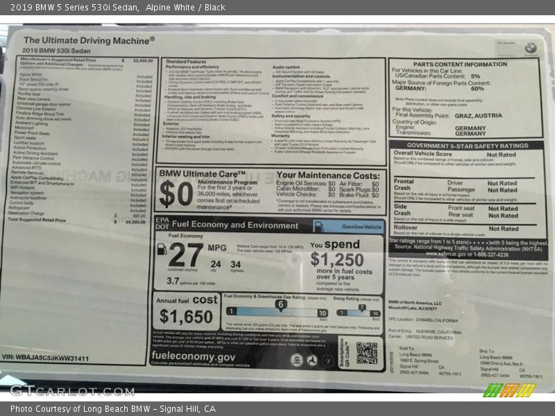 Alpine White / Black 2019 BMW 5 Series 530i Sedan