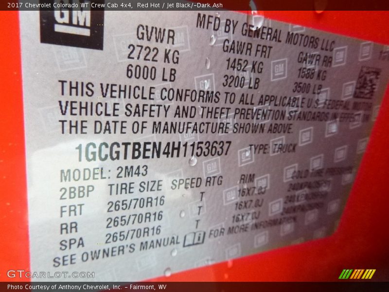 Red Hot / Jet Black/­Dark Ash 2017 Chevrolet Colorado WT Crew Cab 4x4