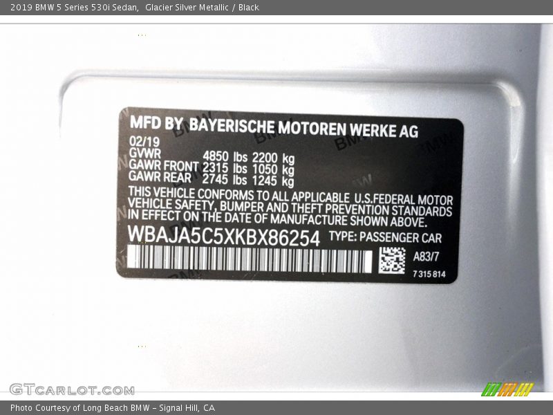 Glacier Silver Metallic / Black 2019 BMW 5 Series 530i Sedan