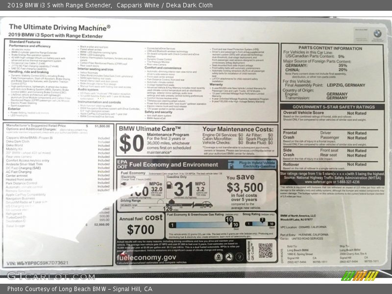  2019 i3 S with Range Extender Window Sticker