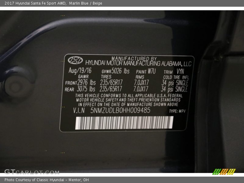 Marlin Blue / Beige 2017 Hyundai Santa Fe Sport AWD