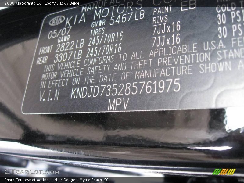 Ebony Black / Beige 2008 Kia Sorento LX