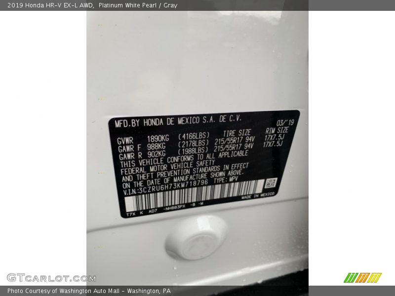 Platinum White Pearl / Gray 2019 Honda HR-V EX-L AWD