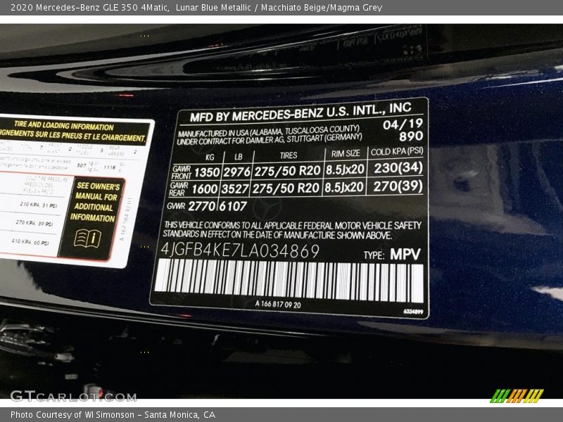 2020 GLE 350 4Matic Lunar Blue Metallic Color Code 890