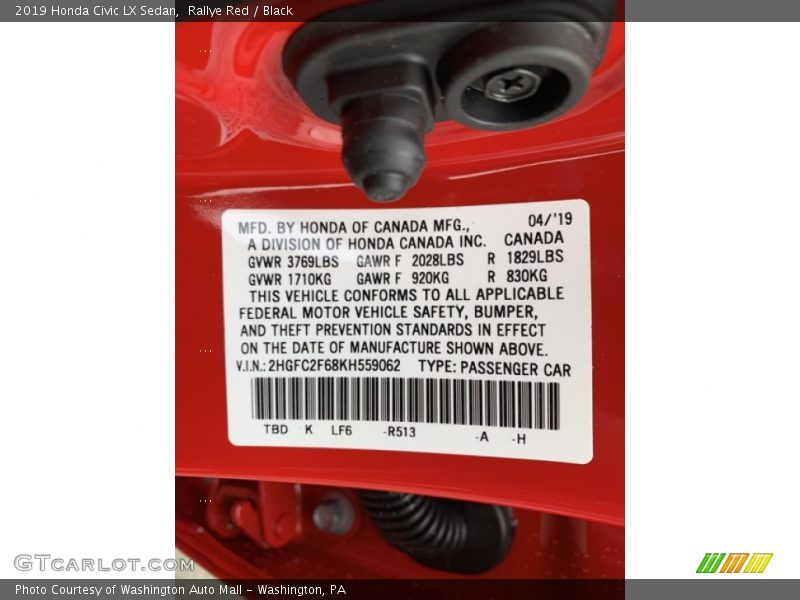 Rallye Red / Black 2019 Honda Civic LX Sedan