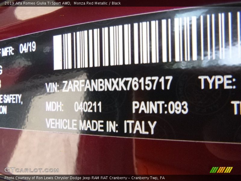 2019 Giulia Ti Sport AWD Monza Red Metallic Color Code 093