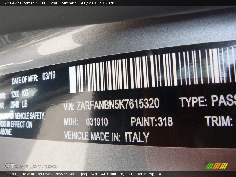 2019 Giulia Ti AWD Stromboli Gray Metallic Color Code 318