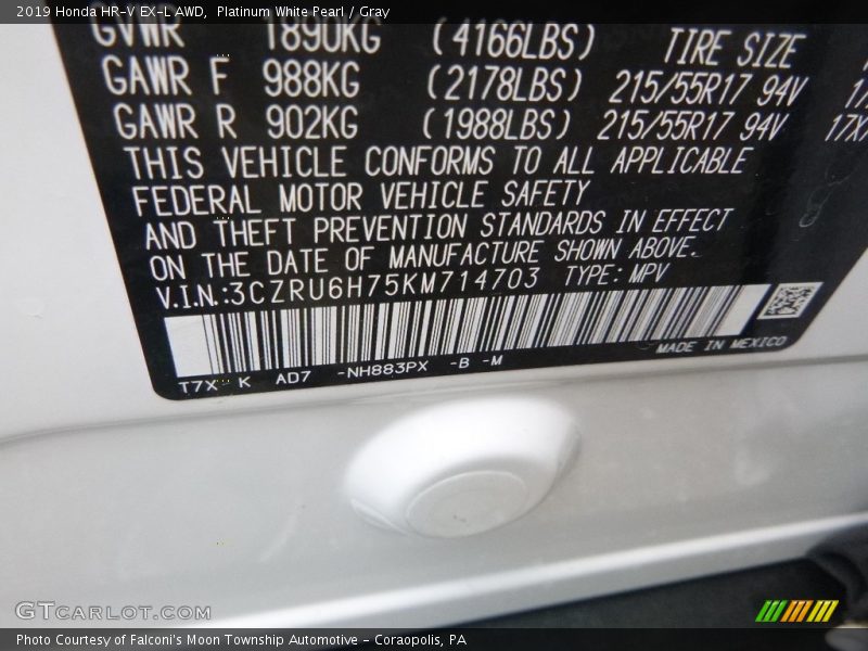 Platinum White Pearl / Gray 2019 Honda HR-V EX-L AWD