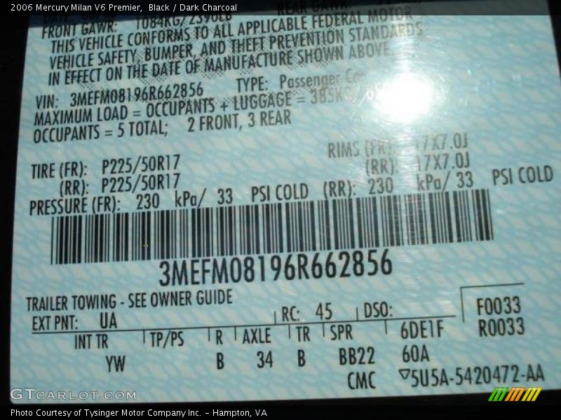 Black / Dark Charcoal 2006 Mercury Milan V6 Premier