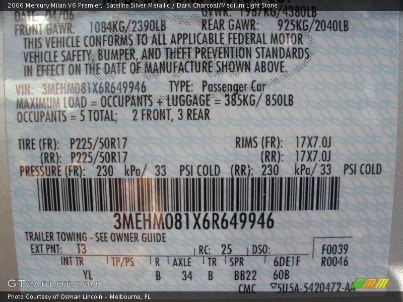 Satellite Silver Metallic / Dark Charcoal/Medium Light Stone 2006 Mercury Milan V6 Premier