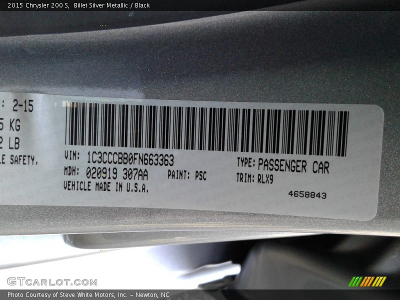 Billet Silver Metallic / Black 2015 Chrysler 200 S