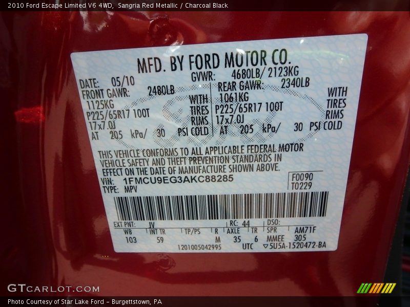 Sangria Red Metallic / Charcoal Black 2010 Ford Escape Limited V6 4WD