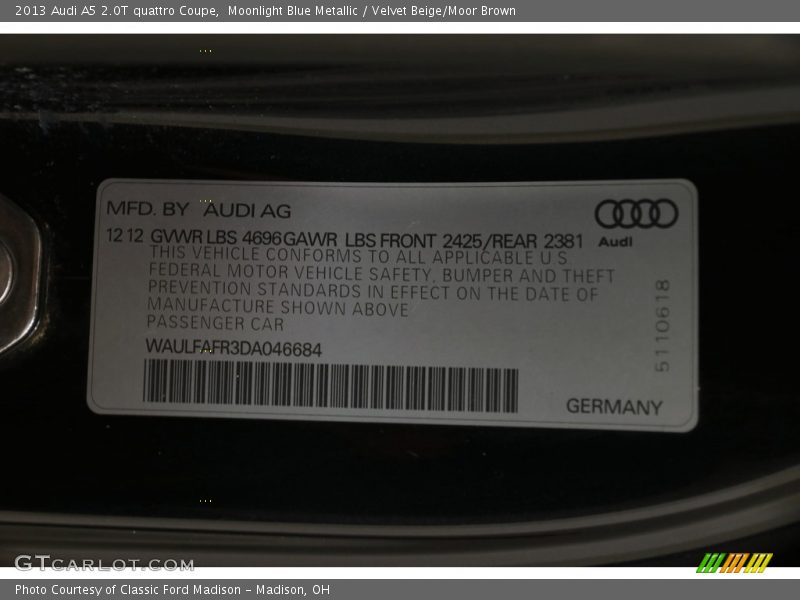 Moonlight Blue Metallic / Velvet Beige/Moor Brown 2013 Audi A5 2.0T quattro Coupe