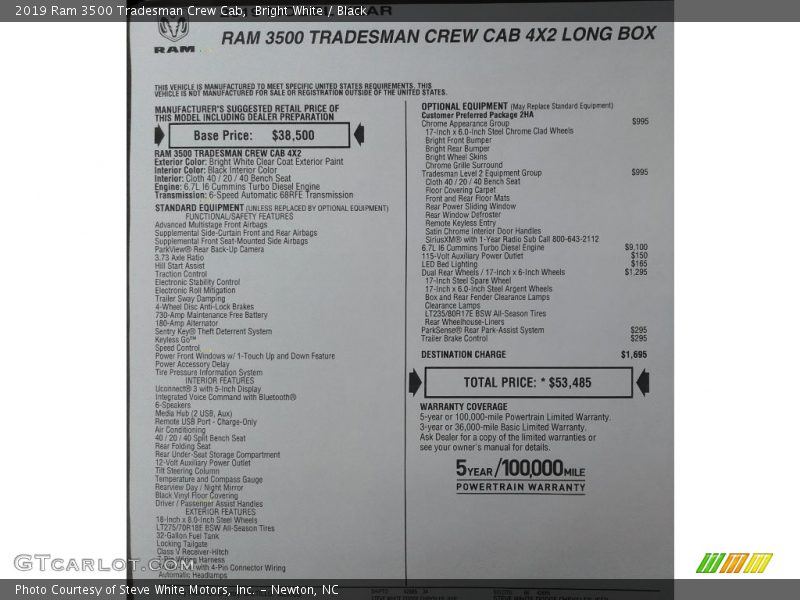  2019 3500 Tradesman Crew Cab Window Sticker