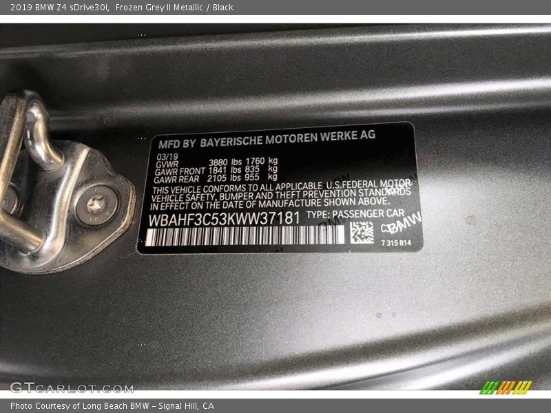 Frozen Grey II Metallic / Black 2019 BMW Z4 sDrive30i
