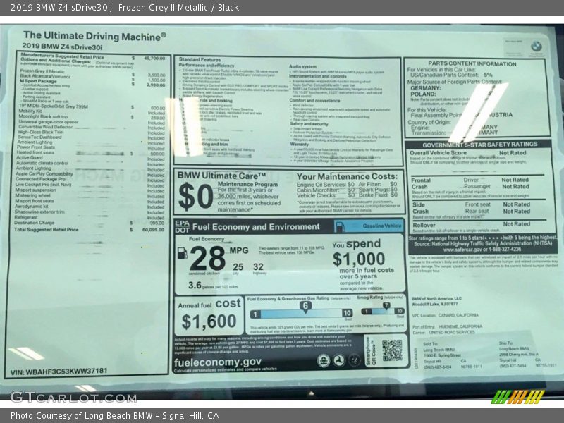  2019 Z4 sDrive30i Window Sticker