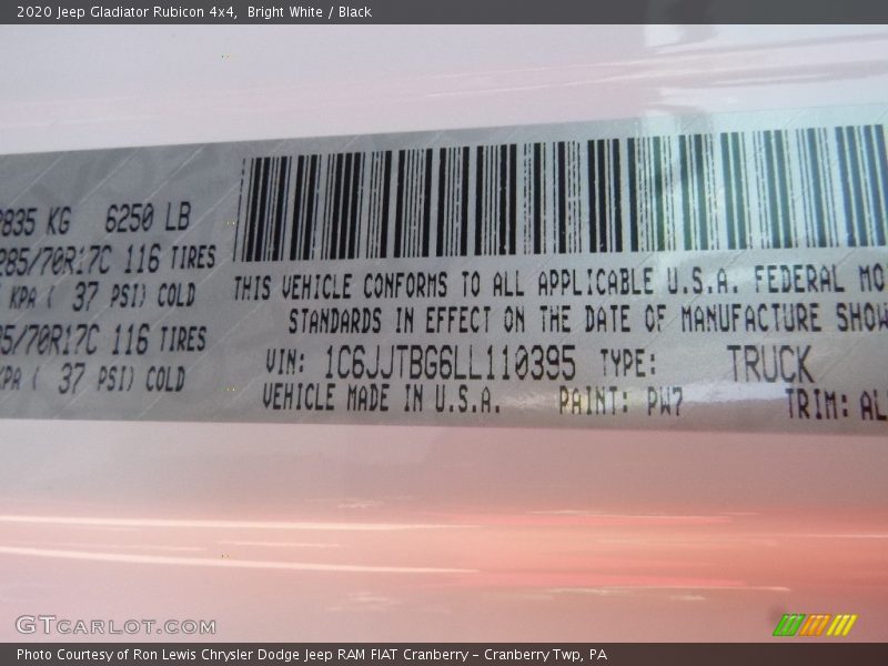 2020 Gladiator Rubicon 4x4 Bright White Color Code PW7