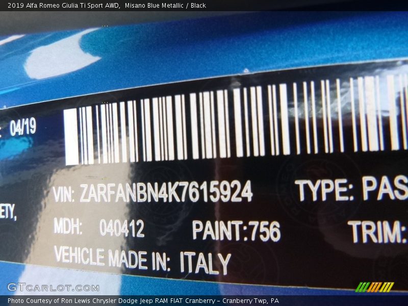 2019 Giulia Ti Sport AWD Misano Blue Metallic Color Code 756
