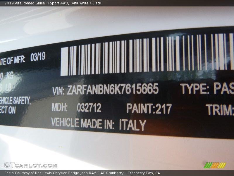 2019 Giulia Ti Sport AWD Alfa White Color Code 217