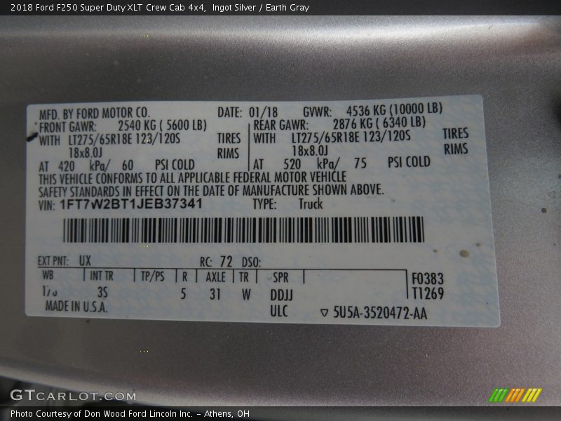 Ingot Silver / Earth Gray 2018 Ford F250 Super Duty XLT Crew Cab 4x4