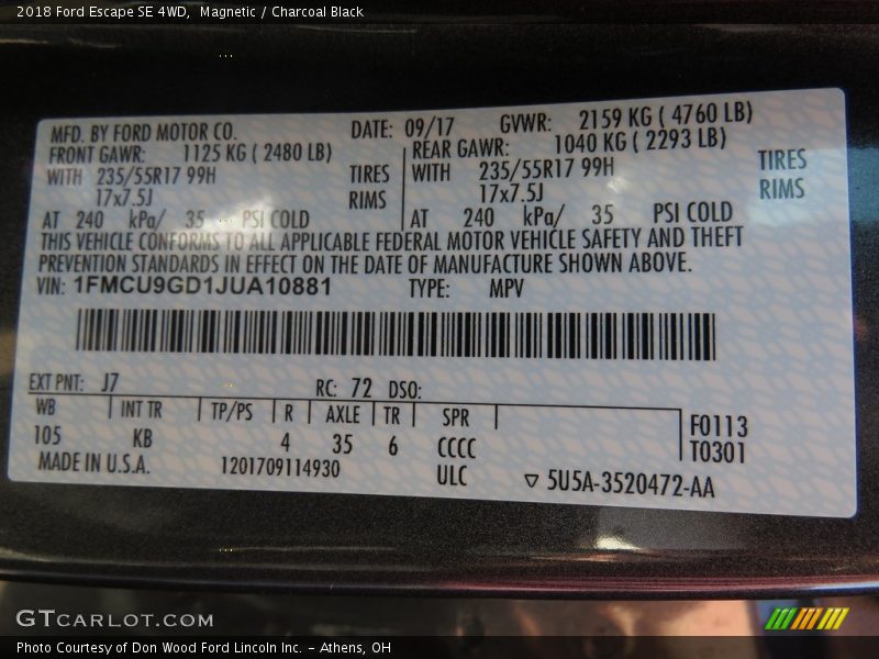 Magnetic / Charcoal Black 2018 Ford Escape SE 4WD