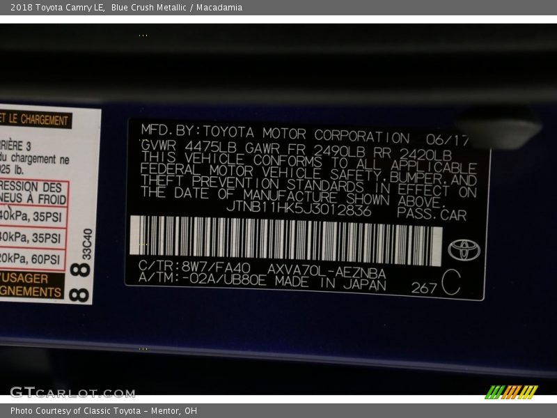 Blue Crush Metallic / Macadamia 2018 Toyota Camry LE