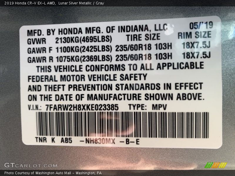 Lunar Silver Metallic / Gray 2019 Honda CR-V EX-L AWD