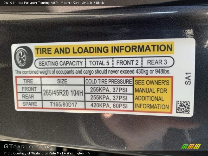 Info Tag of 2019 Passport Touring AWD