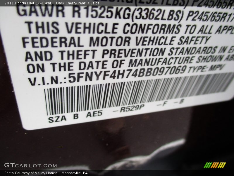 Dark Cherry Pearl / Beige 2011 Honda Pilot EX-L 4WD