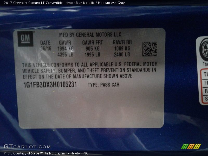 Hyper Blue Metallic / Medium Ash Gray 2017 Chevrolet Camaro LT Convertible