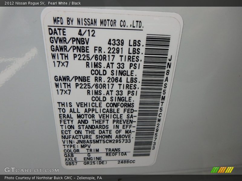 Pearl White / Black 2012 Nissan Rogue SV