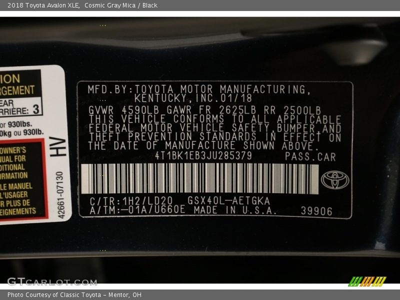 Cosmic Gray Mica / Black 2018 Toyota Avalon XLE