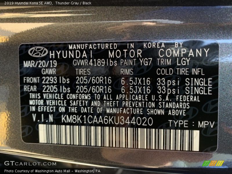 Thunder Gray / Black 2019 Hyundai Kona SE AWD