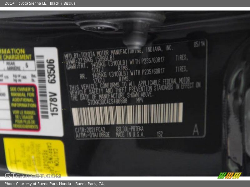 Black / Bisque 2014 Toyota Sienna LE