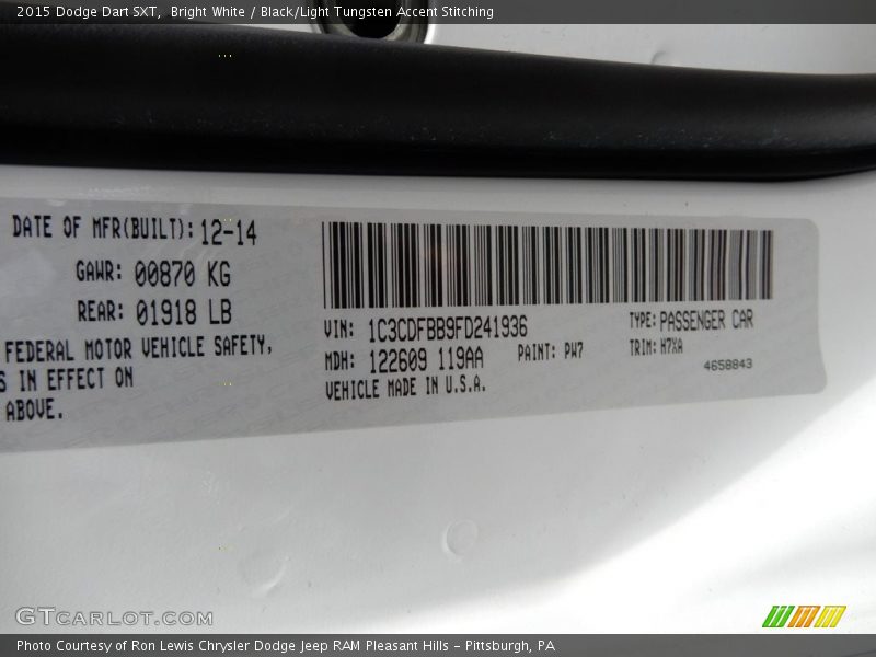 Bright White / Black/Light Tungsten Accent Stitching 2015 Dodge Dart SXT