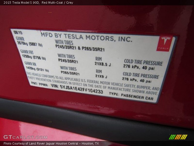 Info Tag of 2015 Model S 90D