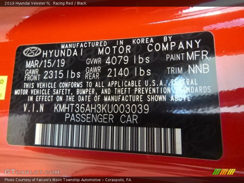 2019 Veloster N Racing Red Color Code MFR