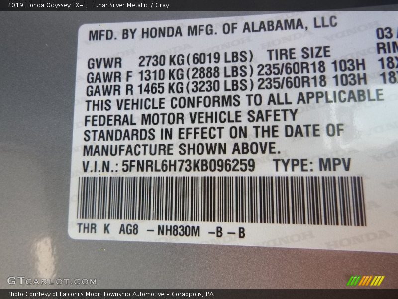 Lunar Silver Metallic / Gray 2019 Honda Odyssey EX-L