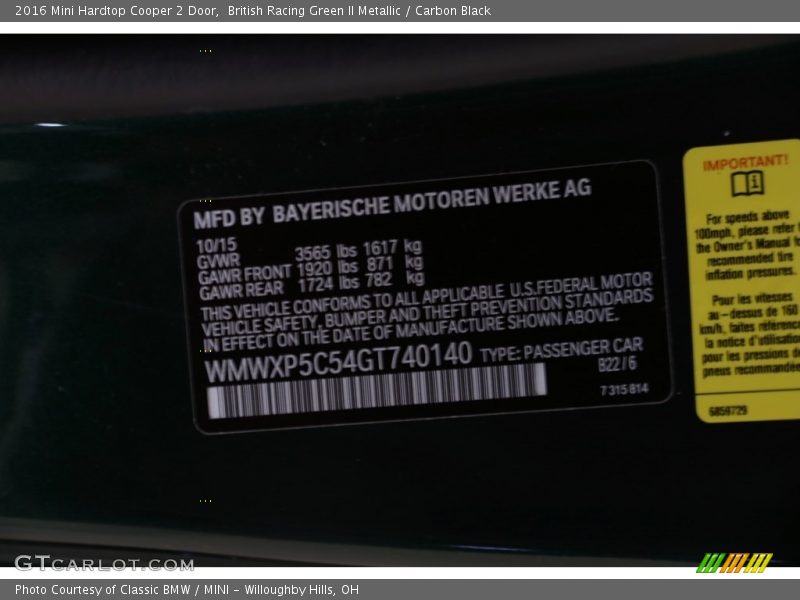 British Racing Green II Metallic / Carbon Black 2016 Mini Hardtop Cooper 2 Door