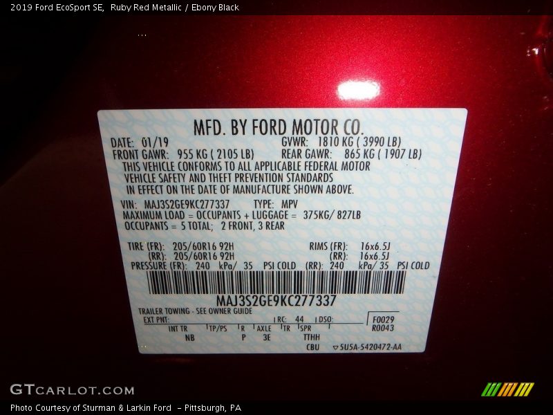 Ruby Red Metallic / Ebony Black 2019 Ford EcoSport SE
