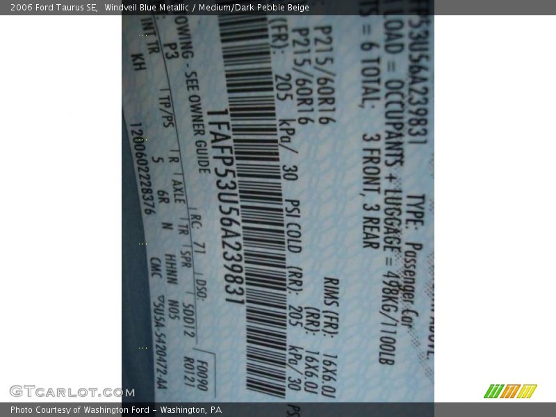 Windveil Blue Metallic / Medium/Dark Pebble Beige 2006 Ford Taurus SE