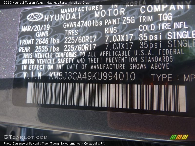 Magnetic Force Metallic / Gray 2019 Hyundai Tucson Value