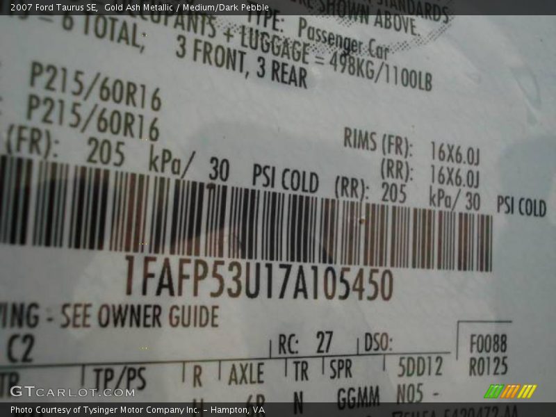 Gold Ash Metallic / Medium/Dark Pebble 2007 Ford Taurus SE